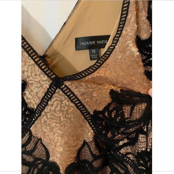 NEW $668 Tadashi Shoji Vulcan Lace Sequin Long Sleeve Gown Copper [SZ‎ 16 ] - Picture 8 of 13